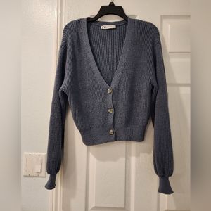 Zara Blue Balloon Sleeve Cardigan Sweater